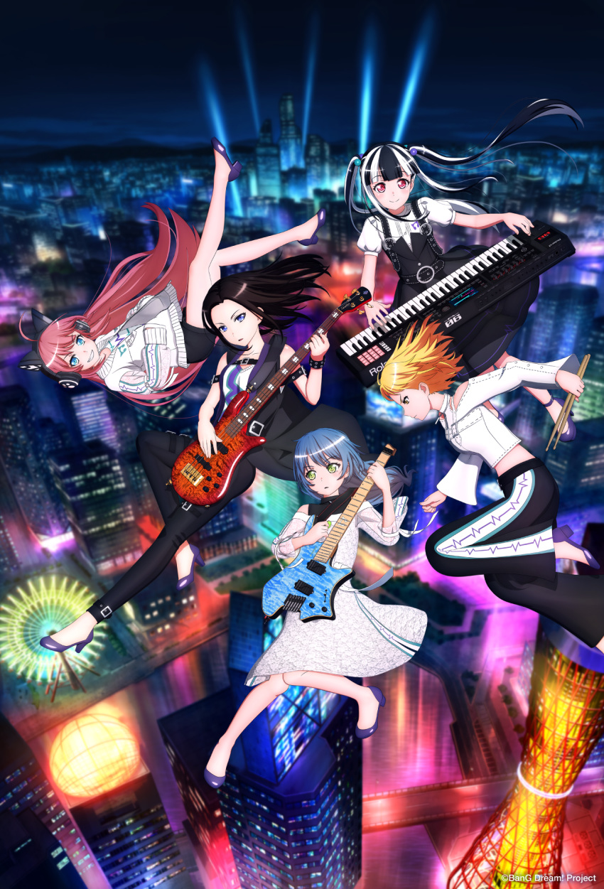 asahi_rokka bang_dream! dress guitar headphones heels nyuubara_reona satou_masuki tagme tamade_chiyu wakana_rei