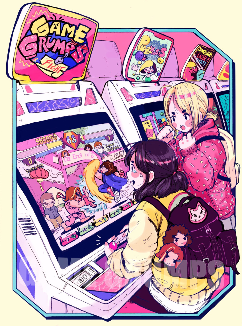 2girls arcade arcade_cabinet arin_hanson backpack bag black_bag black_hair blonde_hair blush blush_stickers border commentary copyright_name crisalys dan_avidan fighting_game game_grumps highres hood hooded_jacket jacket long_sleeves medium_hair multiple_girls ninja_brian ninja_sex_party open_mouth playing_games profile puzzmosis rubberross short_ponytail smile street_fighter tears video_game watermark yellow_bag yellow_border