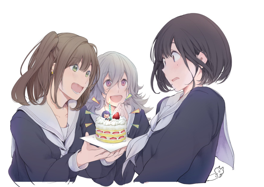 3girls baibai_jinrui black_hair blue_eyes bob_cut brown_hair cake candle commentary_request earrings food fruit green_eyes grey_hair hagihara_asami hair_between_eyes hattori_megu highres jewelry jinguuji_rinko long_hair mayama_maya mole mole_under_eye multiple_girls official_art purple_eyes school_uniform short_hair simple_background star_(symbol) star_earrings strawberry twintails two_side_up white_background