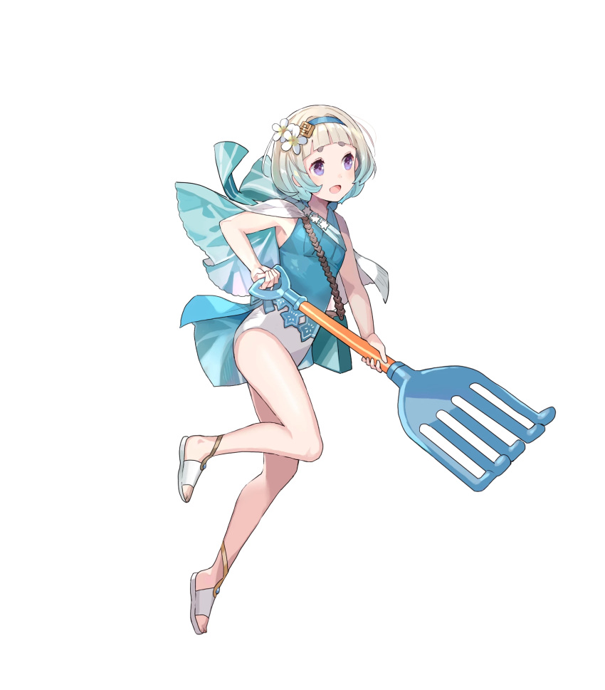 aqua_theme bag bare_arms bare_shoulders blue_hair blue_theme cape female fire fire_emblem fire_emblem_heroes flat_chest flower full_body gradient_hair hair_flower hair_ornament hairband highres holding leg_up light_blue_hair looking_away multicolored_hair official_art one-piece_swimsuit open_mouth purple_eyes rake sandals short_hair smile solo swimsuit thighs tobi_(kotetsu) transparent_background white_hair ylgr_(fire_emblem) ylgr_(summer)_(fire_emblem)