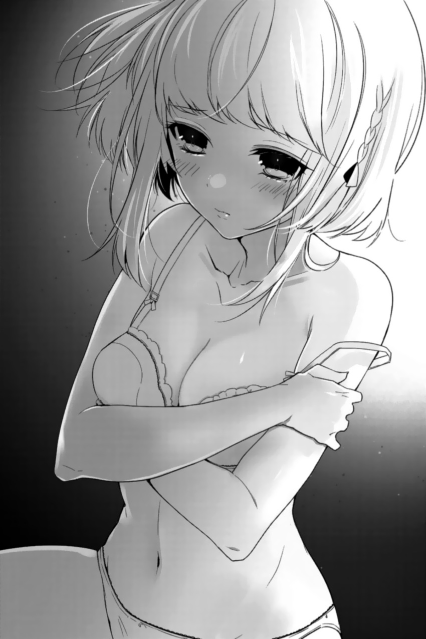 blush breasts cleavage closed_mouth collarbone crossed_arms embarrassed female greyscale groin highres kanase_kanon manyako_(mohumohu) medium_breasts monochrome navel non-web_source novel_illustration off_shoulder official_art shiny_skin short_hair solo strike_the_blood underwear underwear_only