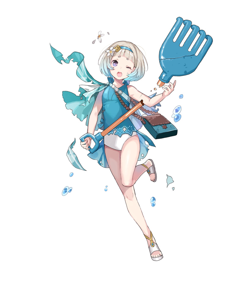 aqua_theme bag bare_shoulders blue_hair blue_theme cape female fire fire_emblem fire_emblem_heroes flat_chest flower full_body gradient_hair grey_hair hair_flower hair_ornament hairband highres holding leg_up light_blue_hair multicolored_hair official_art one-piece_swimsuit one_eye_closed open_mouth petals purple_eyes rake sandals short_hair solo swimsuit thighs tobi_(kotetsu) toes torn_cape torn_clothes transparent_background water water_drop ylgr_(fire_emblem) ylgr_(summer)_(fire_emblem)