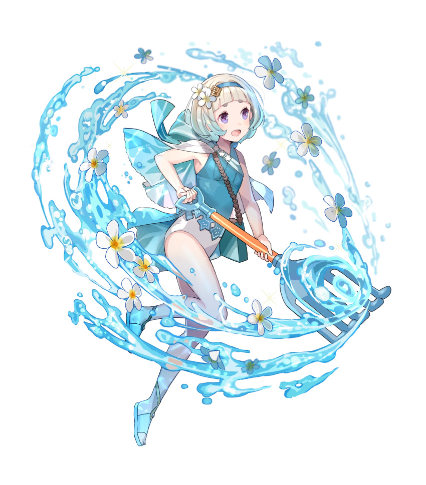 aqua_theme bag bare_arms bare_shoulders blue_hair blue_theme cape female fire fire_emblem fire_emblem_heroes flat_chest flower full_body gradient_hair hair_flower hair_ornament hairband highres holding leg_up light_blue_hair looking_away multicolored_hair official_art one-piece_swimsuit open_mouth purple_eyes rake sandals short_hair smile solo swimsuit thighs tobi_(kotetsu) transparent_background water water_drop white_hair ylgr_(fire_emblem) ylgr_(summer)_(fire_emblem)