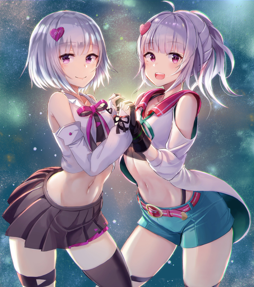 2girls :d absurdres bad_id bad_twitter_id belt belt_buckle black_gloves black_legwear black_ribbon black_skirt blue_shorts buckle closed_mouth detached_sleeves fingerless_gloves gloves groin hair_ornament heart heart_hair_ornament highleg highleg_panties highres holding_hands icetea interlocked_fingers ktyn_prex long_hair long_sleeves looking_at_viewer midriff miniskirt moemi multiple_girls navel open_mouth panties pink_belt pleated_skirt purple_eyes red_eyes ribbon short_hair short_shorts shorts silver_hair skirt smile standing stomach thigh_strap thighhighs underwear virtual_youtuber white_sleeves yomemi zettai_ryouiki