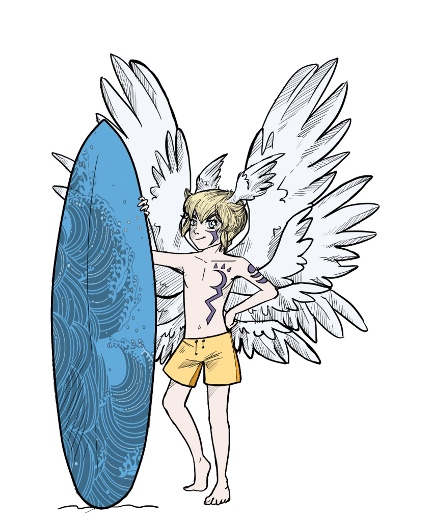 5:6 alpha_channel bandai_namco board bottomwear clothed clothing digimon digimon_(species) feathered_wings feathers hi_res humanoid lucemon mabaya male not_furry shorts solo surfboard swimming swimming_trunks swimwear topless vehicle watercraft winged_humanoid wings