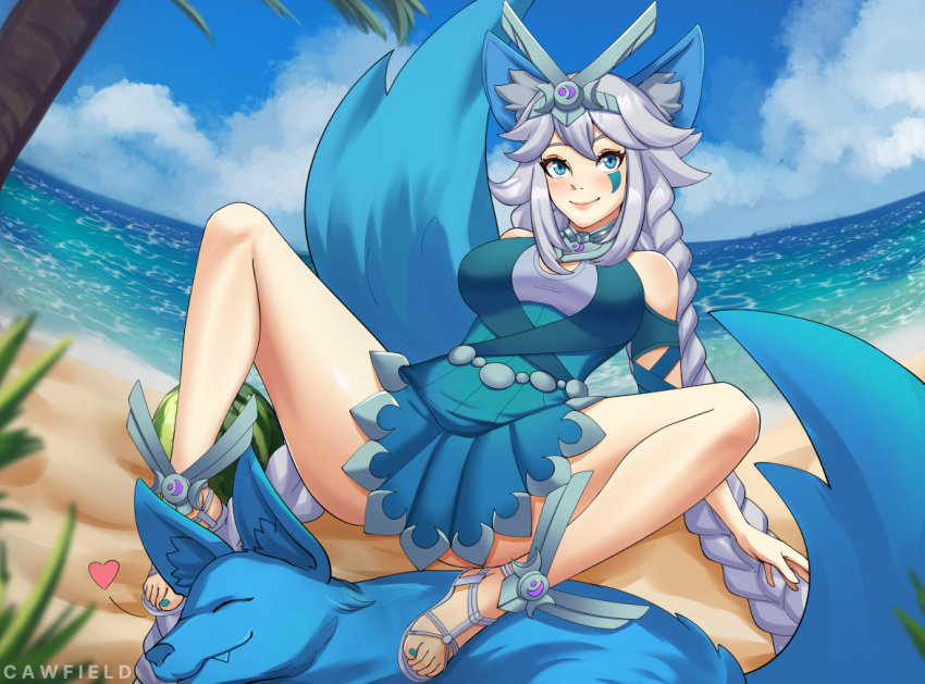 1girls animal_ears arm_support arms_behind_back beach big_breasts big_tail big_thighs blue_eyes blue_skirt blush braid braided_hair braided_twintails canine cawfield cleavage cleavage_cutout closed_mouth clothed clothing clouds dog_ears eyebrows feet female female_focus female_only flustered full_body fully_clothed goddess grey_hair hair hair_ornament hair_over_breasts heart huge_tail io_(paladins) legs legs_apart legs_held_open legs_up lips long_hair looking_away luna_(paladins) ocean on_ground paladins palm_tree sandals sitting sitting_on_floor sitting_on_ground skirt sky smile smiling solo_focus spread_legs spreading tail tattoo tattoo_on_face thick_thighs thighs tiara toes twintails very_long_hair watermelon