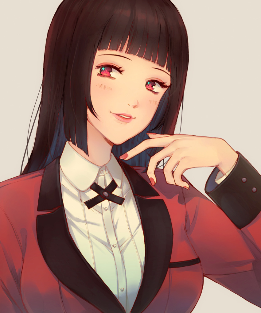 black_hair blunt_bangs breasts commentary_request cross_tie female grey_background highres hime_cut hyakkaou_academy_school_uniform jabami_yumeko jacket jinkkap kakegurui large_breasts long_hair long_sleeves looking_at_viewer parted_lips red_eyes red_jacket red_nails school_uniform shirt simple_background smile solo very_long_hair white_shirt