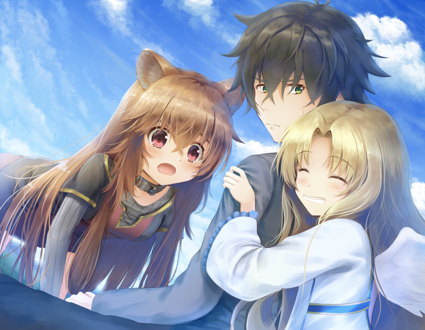 1boy 2girls all_fours animal_ear_fluff animal_ears bangs blonde_hair blue_sky brown_hair collar crossed_bangs day eyebrows_visible_through_hair feathered_wings firo_(tate_no_yuusha_no_nariagari) green_eyes hair_between_eyes iwatani_naofumi long_hair looking_at_another multiple_girls outdoors parted_bangs psyche3313 raccoon_ears raccoon_tail raphtalia red_eyes sky smile tail tate_no_yuusha_no_nariagari white_wings wings