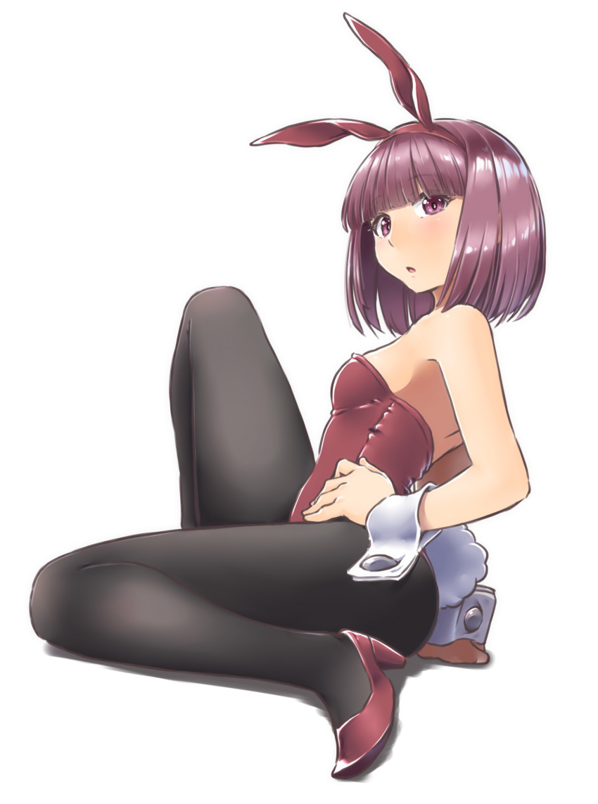 alto-00 animal_ears black_pantyhose bob_cut commentary_request female higashiyama_akisa high_heels highres leotard looking_at_viewer magicami pantyhose photoshop_(medium) playboy_bunny purple_hair rabbit_ears rabbit_tail red_eyes red_footwear red_leotard short_hair sitting solo strapless strapless_leotard tail white_background wrist_cuffs