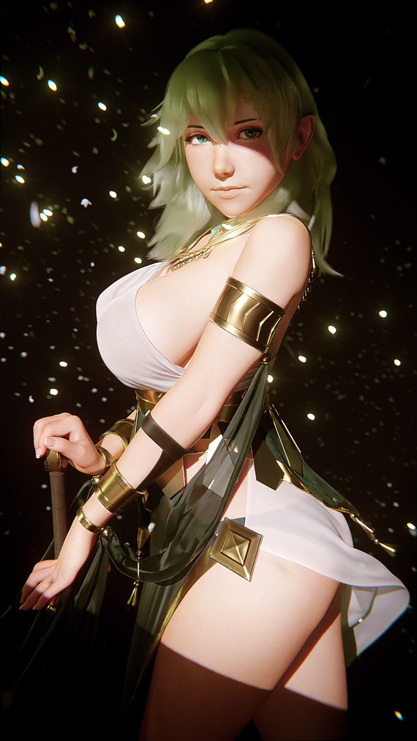 3d armlet blender_(medium) bracelet breasts byleth_(female)_(fire_emblem) byleth_(fire_emblem) commentary dancer dancer_(fire_emblem:_three_houses) dark_background enlightened_byleth_(female) female fire_emblem fire_emblem:_three_houses green_hair highres j9006 jewelry large_breasts light_particles looking_at_viewer medium_hair necklace official_alternate_costume pommel shade shawl sideboob solo sword thighs weapon