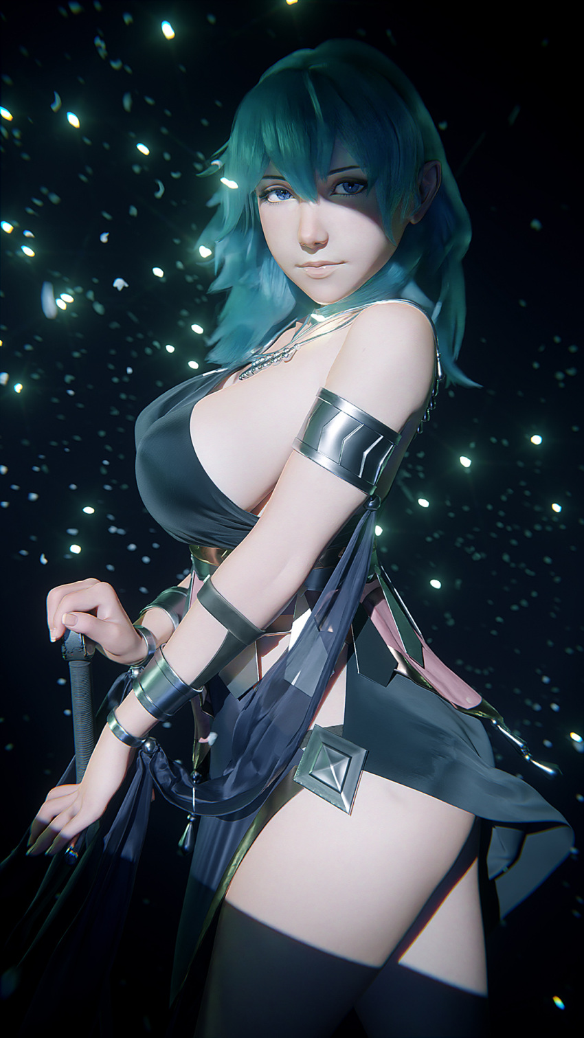 3d armlet blender_(medium) blue_hair bracelet breasts byleth_(female)_(fire_emblem) byleth_(fire_emblem) commentary dancer dancer_(fire_emblem:_three_houses) dark_background female fire_emblem fire_emblem:_three_houses highres j9006 jewelry large_breasts light_particles looking_at_viewer medium_hair necklace official_alternate_costume pommel shade shawl sideboob solo sword thighs weapon