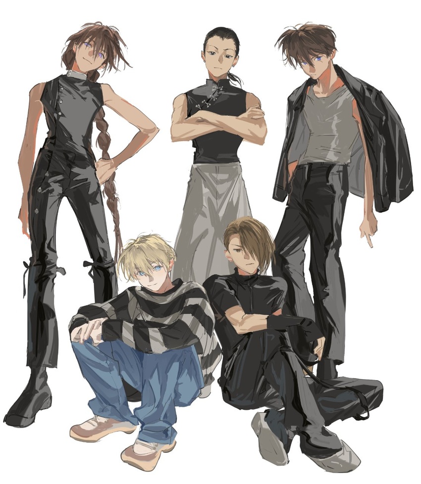 5boys atie1225 black_eyes black_footwear black_hair black_pants black_shirt blonde_hair blue_eyes braid brown_hair chang_wufei chinese_clothes commentary_request crossed_arms denim duo_maxwell expressionless full_body grey_pants grey_shirt gundam gundam_wing hair_over_one_eye heero_yuy highres jeans long_hair looking_at_viewer male_focus multiple_boys pants quatre_raberba_winner shirt shoes short_hair short_sleeves single_braid sitting sleeveless sleeveless_shirt sneakers standing striped_clothes striped_shirt tank_top trowa_barton white_background