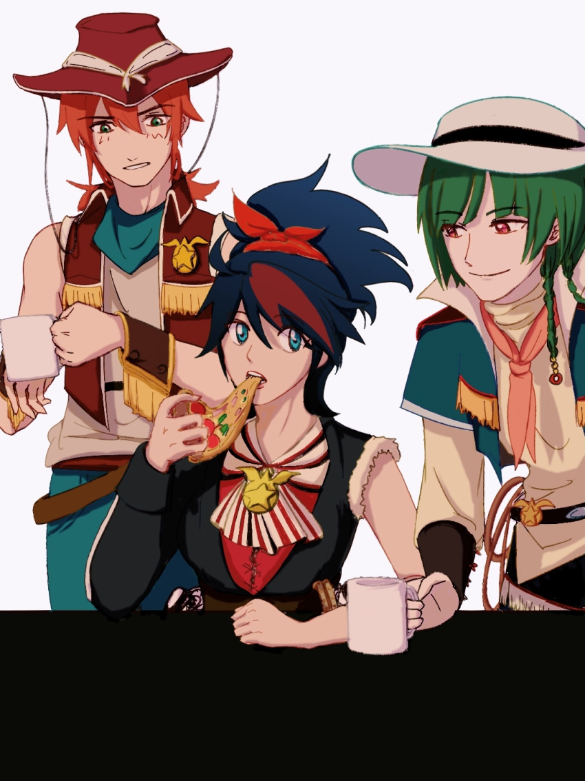 2boys atlee_ariel back_arrow back_arrow_(character) belt blue_eyes blue_hair bracer braid brown_headwear brown_vest cowboy cowboy_hat cowboy_western cup eating elsha_lean female food genderswap_(ftm) genderswap_(mtf) green_hair hair_between_eyes hair_ribbon hat highres holding holding_cup long_hair looking_at_another medal mug multicolored_hair multiple_boys neckerchief pizza pizza_slice red_eyes red_hair red_neckerchief red_ribbon ribbon rule_63 single_sleeve sitting smile streaked_hair summercubic vest whip white_headwear