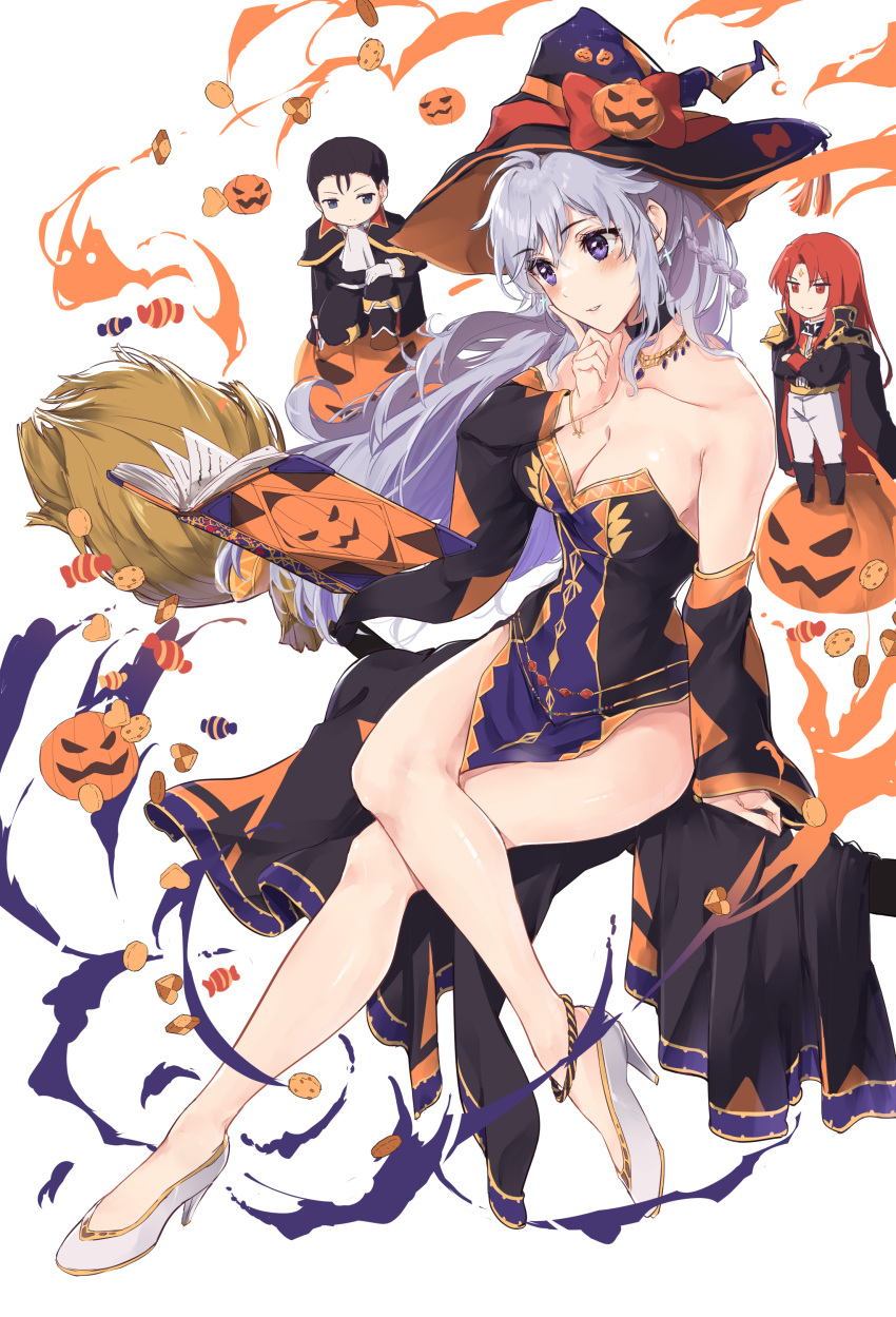 2boys absurdres alternate_costume armpit_crease black_choker black_hair book braid breasts broom chibi choker commission commissioner_upload female fire_emblem fire_emblem:_genealogy_of_the_holy_war fire_emblem:_thracia_776 fire_emblem_heroes halloween halloween_costume hat high_heels highres ishtar_(fire_emblem) julius_(fire_emblem) large_breasts legs long_hair multiple_boys non-web_source open_mouth pelvic_curtain pumpkin purple_eyes purple_hair reading red_hair reinhardt_(fire_emblem) sideboob single_braid skeb_commission thighs witch witch_hat yuuri_(orz_commushows)