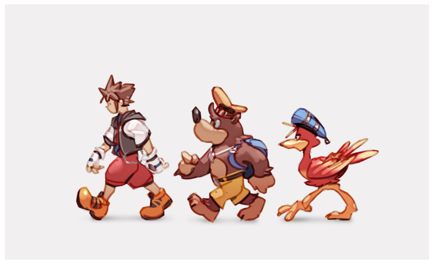 1boy banjo-kazooie banjo_(banjo-kazooie) bear bird blue_eyes brown_hair cosplay disney donald_duck donald_duck_(cosplay) gloves goofy goofy_(cosplay) hat highres jewelry kazooie_(banjo-kazooie) kingdom_hearts kingdom_hearts_i male_focus necklace nin_nakajima short_hair shorts smile sora_(kingdom_hearts) spiked_hair super_smash_bros.