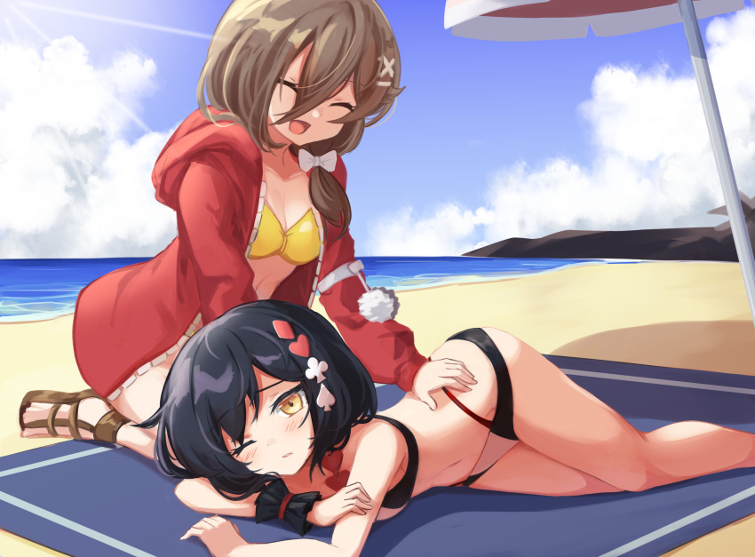 2girls :d absurdres akazukin_(mary_skelter) alice_(mary_skelter) bare_arms bare_legs bare_shoulders beach bikini black_bikini black_hair blue_sky bow breasts cleavage cloud club_(shape) commentary commission day diamond_(shape) dot_nose english_commentary feet_out_of_frame hair_ornament hair_over_shoulder hairbow hairclip heart highres horizon jacket klaius looking_at_viewer lying mary_skelter medium_breasts multiple_girls navel ocean on_side one_eye_closed open_mouth outdoors parasol parted_lips red_jacket sand sandals sky small_breasts smile spade_(shape) swimsuit umbrella white_bow wristband x_hair_ornament yellow_bikini yellow_eyes