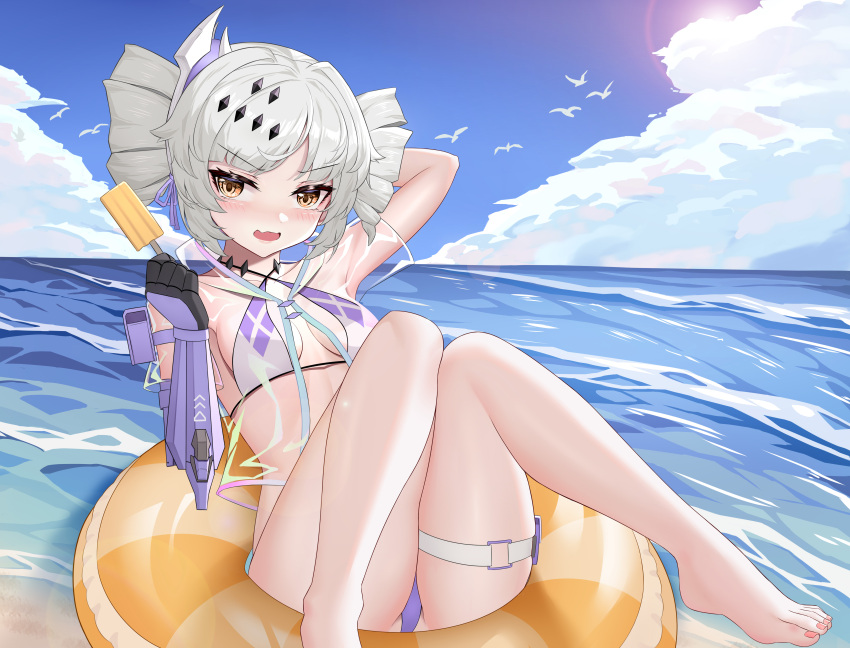 absurdres arm_behind_head bikini blue_sky blush breasts cloud drill_hair female grey_hair hair_ornament highres icicle karenina:_ember_(tulle_redbud)_(punishing:_gray_raven) karenina_(punishing:_gray_raven) long_hair looking_at_viewer mechanical_arms multicolored_bikini multicolored_clothes ningmengege ocean oerba_yun_fang orange_eyes orange_innertube punishing:_gray_raven purple_bikini sidelocks single_mechanical_arm skin_fang sky small_breasts solo swimsuit thigh_strap twin_drills white_bikini