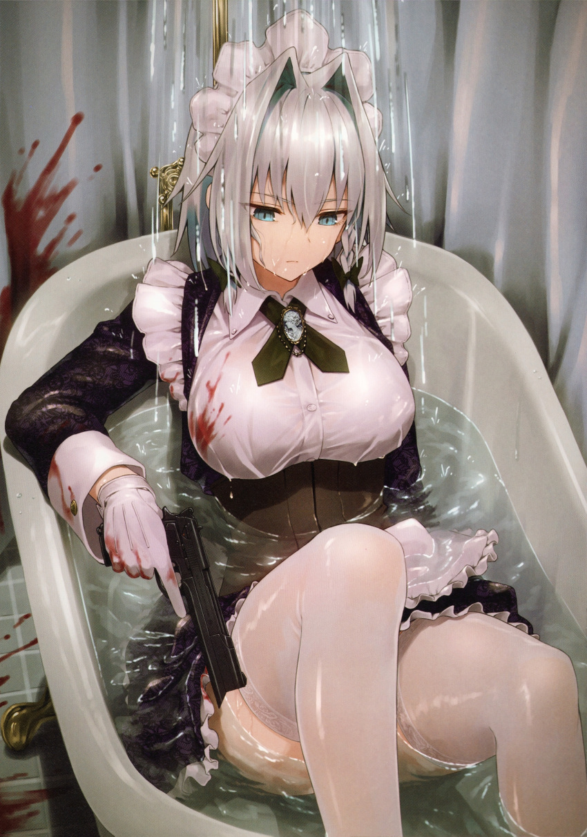 absurdres apron bathtub beretta_92 blood blood_on_clothes blood_on_curtains blood_on_ground blue_eyes bow breasts brooch claw_foot_bathtub closed_mouth collar cross_tie female green_bow greenkohgen grey_hair gun hairbow handgun highres holding holding_gun holding_weapon indoors izayoi_sakuya jewelry large_breasts long_sleeves maid maid_apron maid_headdress short_hair solo thighhighs touhou waist_apron water weapon wet wet_clothes wet_hair