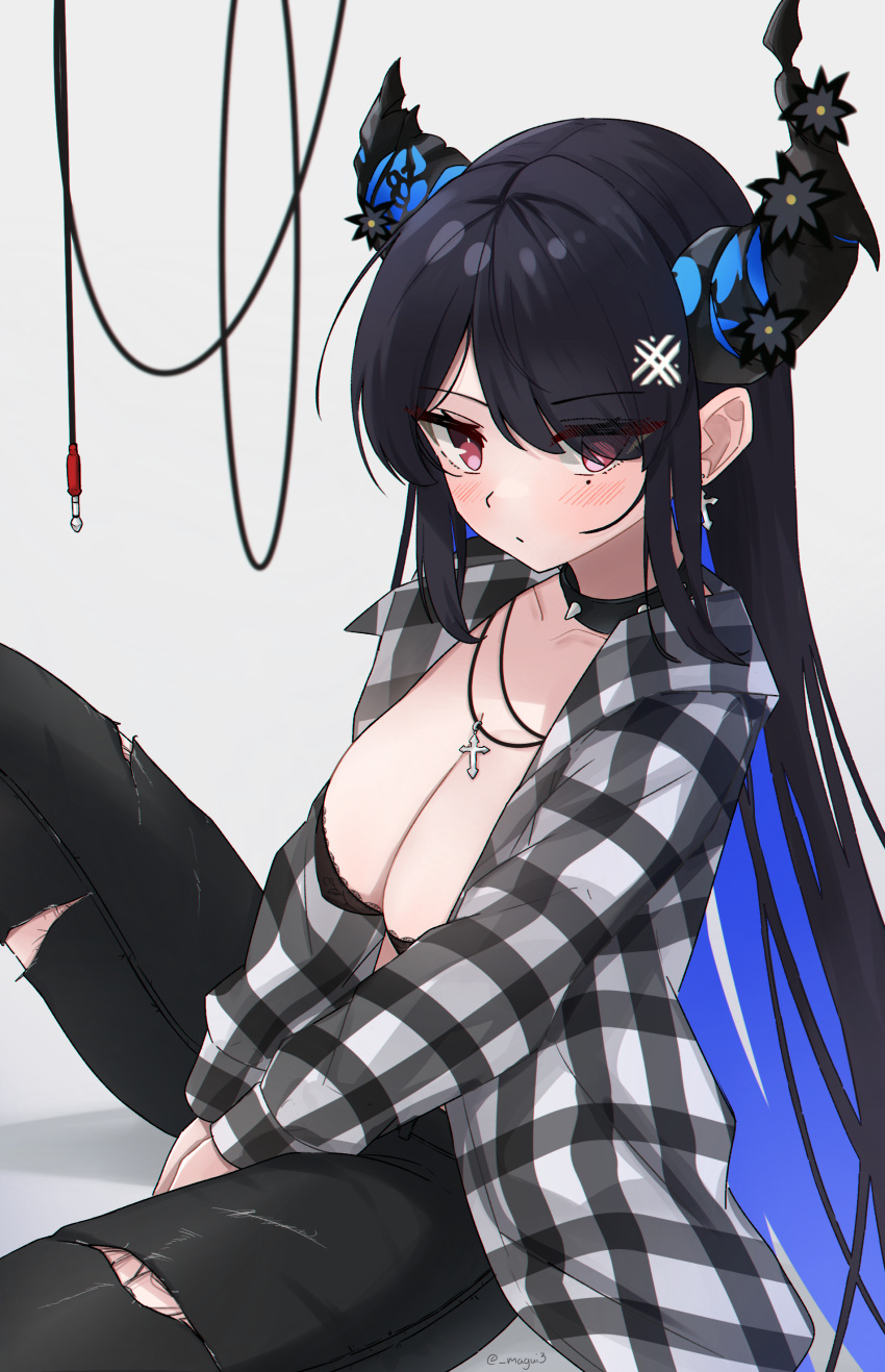 absurdres alternate_costume asymmetrical_horns black_hair black_pants blush breasts broken_horn cable cleavage collar colored_inner_hair cross cross_necklace demon_horns feet_out_of_frame female flannel hair_over_one_eye highres hololive hololive_english horns jewelry knee_up large_breasts long_hair looking_at_viewer magui3 mole mole_under_eye multicolored_hair necklace nerissa_ravencroft pants red_eyes sitting solo spiked_collar spikes torn_clothes torn_pants very_long_hair virtual_youtuber