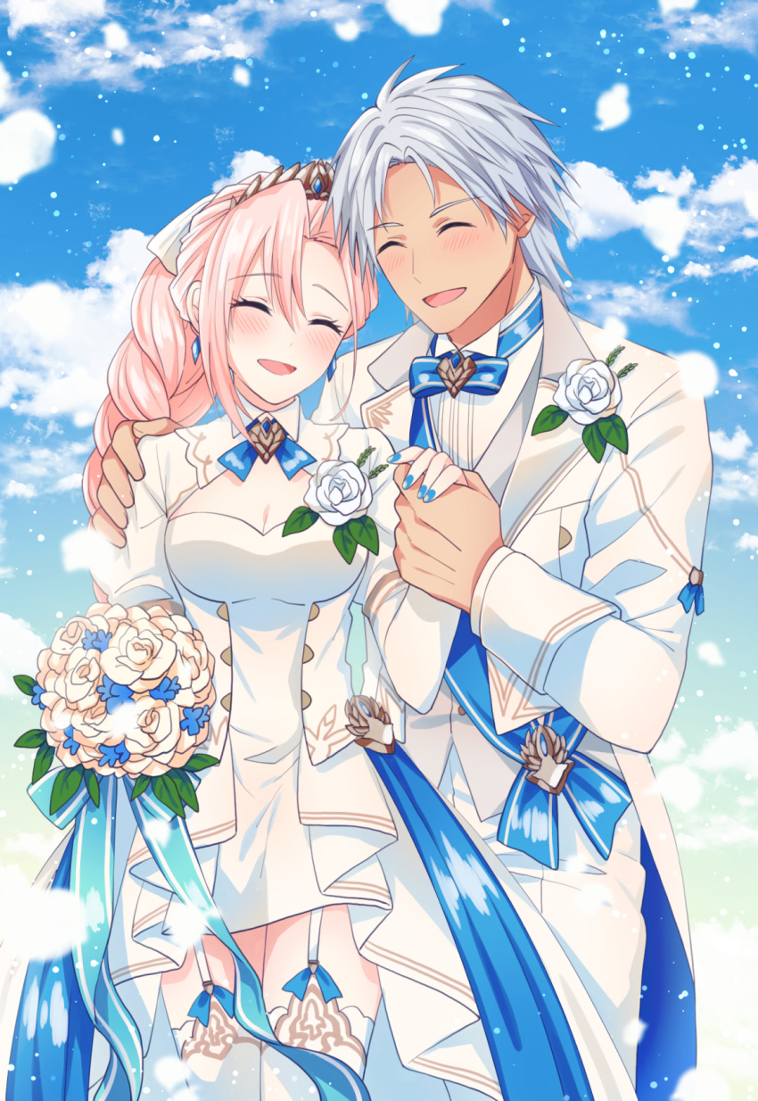 1boy alphen_(tales) blush braid breasts bride cleavage closed_eyes couple dark-skinned_male dark_skin dress female flower garter_straps gloves groom hair_between_eyes hair_slicked_back highres husband_and_wife juliet_sleeves long_hair long_sleeves official_alternate_costume official_alternate_hairstyle open_mouth parted_bangs pink_hair ponytail puffy_sleeves rose shionne_(tales) short_hair single_braid small_breasts smile soranagi spiked_hair straight tales_of_(series) tales_of_arise tuxedo very_long_hair wedding wedding_dress white_flower white_gloves white_hair white_rose