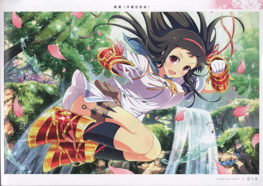 absurdres ayame_(senran_kagura) black_hair blush breasts day female forest hairband hanzou_academy_uniform highres kunai large_breasts long_hair looking_at_viewer nature official_art open_mouth outdoors page_number petals red_eyes sailor_collar scan school_uniform senran_kagura senran_kagura_new_link shiny_skin short_sleeves skirt smile socks solo thigh_strap thighs water weapon yaegashi_nan