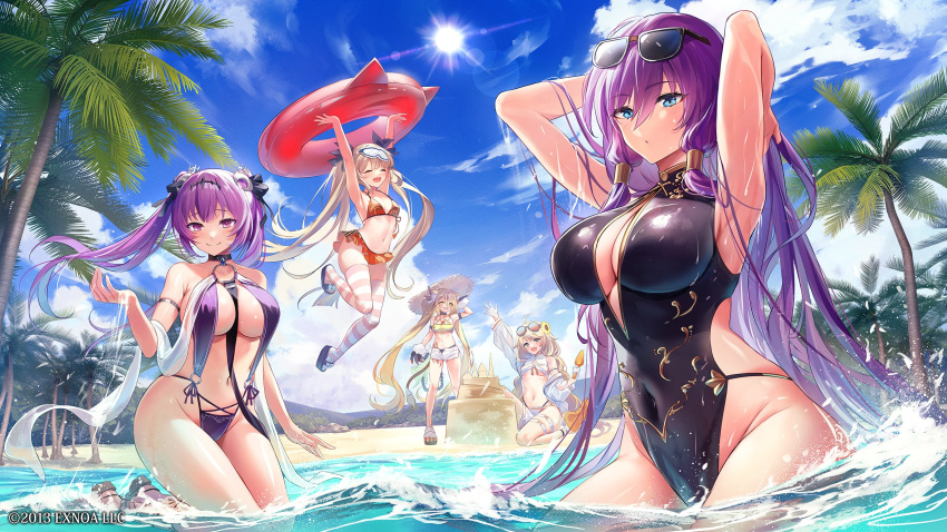 2013 5girls :d ^_^ animal_ear_fluff animal_ears animal_hands armband armpits arms_behind_head arms_up bare_shoulders beach between_breasts bikini black_one-piece_swimsuit black_ribbon blonde_hair blue_eyes blue_sky blush breasts brown_hair cat_ears center_opening choker cleavage closed_eyes cloud cloudy_sky coconut_tree company_name covered_navel crescent crescent_hair_ornament day erlang_shen_(sennen_sensou_aigis) eyewear_on_head floating_hair flower goggles goggles_on_head hair_between_eyes hair_flower hair_ornament hair_ribbon hair_tubes hat hatsune_(sennen_sensou_aigis) hecatie_(sennen_sensou_aigis) highleg highleg_swimsuit highres holding holding_own_hair holding_swim_ring holding_water horizontal-striped_thighhighs innertube innertube_with_ears jacket jumping kneeling large_breasts lens_flare leone_(sennen_sensou_aigis) long_hair looking_at_viewer midair mountainous_horizon multiple_girls multiple_thigh_straps navel o-ring o-ring_bikini off_shoulder official_art one-piece_swimsuit orange_bikini outdoors palm_tree patricia_(sennen_sensou_aigis) purple_hair purple_slingshot_swimsuit red_innertube ribbon sand sand_castle sand_sculpture sandals second-party_source sennen_sensou_aigis short_shorts shorts sitting sky slingshot_swimsuit smile standing strap_between_breasts straw_hat striped_clothes striped_thighhighs summer sun sunflower sunflower_hair_ornament sunglasses swim_ring swimsuit tattoo thigh_strap thighhighs thighs tree trowel twintails very_long_hair wading wet wet_clothes wet_swimsuit white_jacket white_shorts white_thighhighs