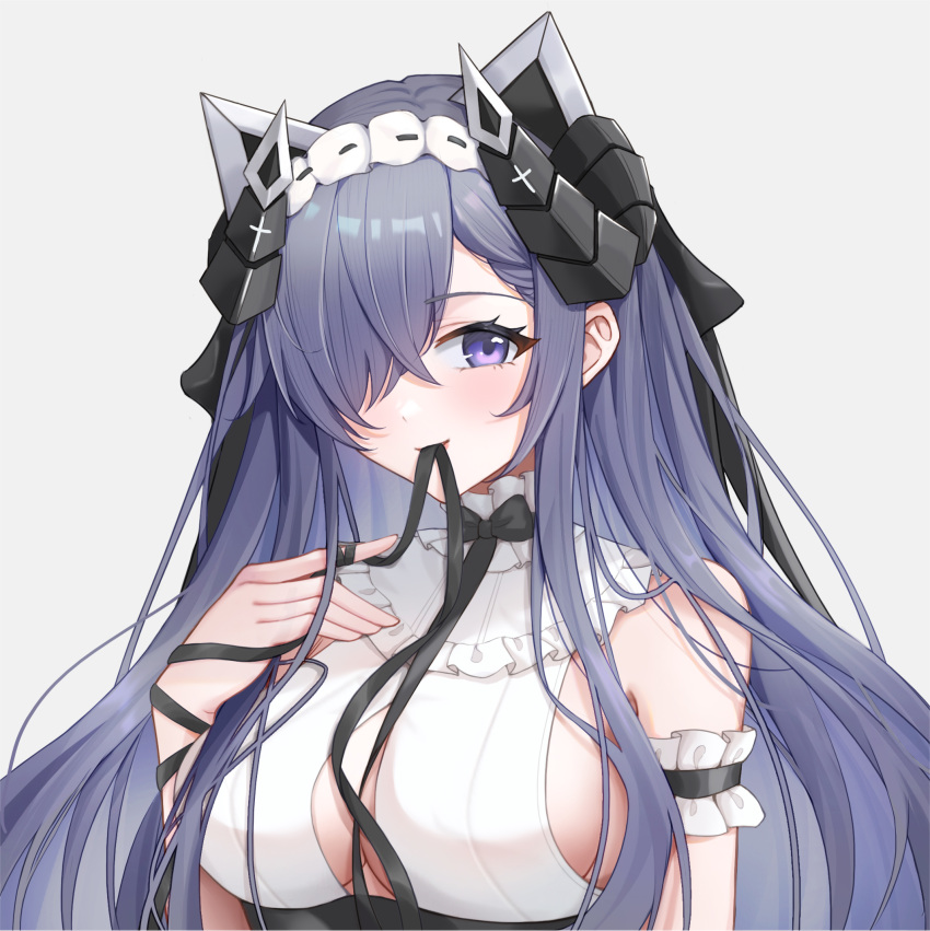 7fan animal_ears august_von_parseval_(azur_lane) august_von_parseval_(the_conquered_unhulde)_(azur_lane) azur_lane between_breasts black_bow black_horns black_ribbon bow breasts cat_ears cropped_dress curled_horns dot_nose dress female frilled_dress frills hair_over_one_eye hairband hand_on_own_shoulder highres horns large_breasts mechanical_ears mechanical_horns mouth_hold official_alternate_costume purple_eyes purple_hair ribbon ribbon_in_mouth sleeveless smile solo two-tone_dress upper_body white_background white_hairband