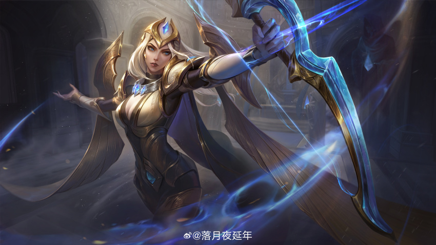 absurdres architecture arrow_(projectile) artist_name ashe_(league_of_legends) blue_eyes bow_(weapon) breasts championship_ashe cleavage eyeshadow female fingernails fog fountain grey_hair highres holding holding_arrow holding_bow_(weapon) holding_weapon indoors large_breasts league_of_legends long_hair looking_to_the_side luo_yueye makeup official_alternate_costume official_alternate_hairstyle outstretched_arms parted_lips solo standing statue weapon