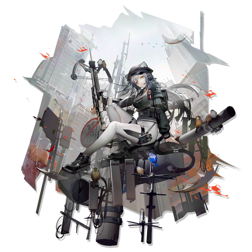 animal_ears animal_on_weapon arknights bird bird_on_weapon black_footwear black_headwear black_jacket cat_ears crossbow female full_body grey_hair head_tilt highres jacket leggings liduke long_hair long_sleeves looking_at_viewer official_alternate_costume official_art pants schwarz_(arknights) schwarz_(skyline)_(arknights) shoes sitting solo thigh_strap thighs transparent_background weapon white_pants yellow_eyes