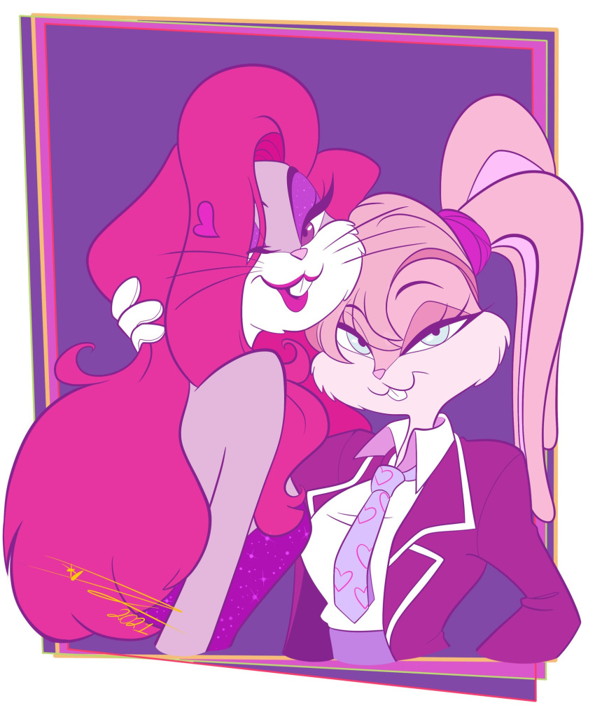 anthro black_tie_(suit) bow_tie bugs_bunny chandllucky clothed clothing crossdressing dress duo eyeshadow female femboy gloves handwear hi_res lagomorph leporid lipstick lola_bunny looney_tunes makeup male male/female mammal rabbit suit warner_brothers whiskers wig