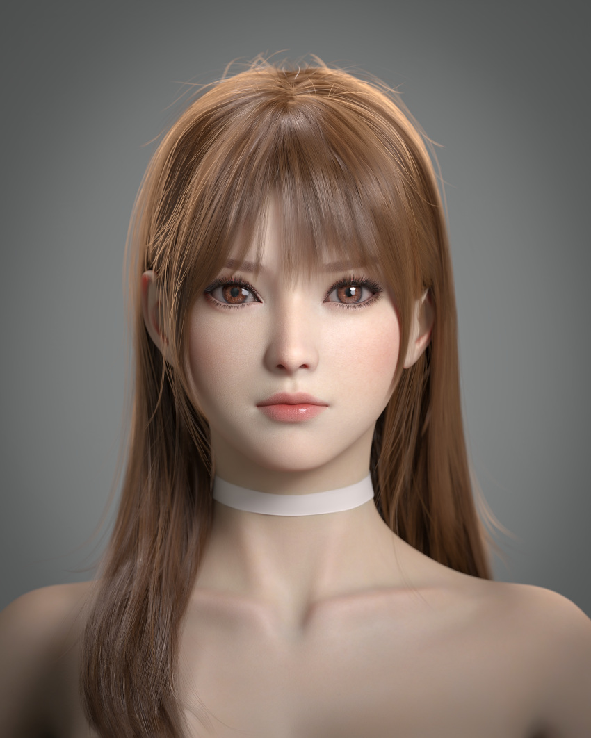 3d absurdres bad_id bad_pixiv_id bare_shoulders brown_eyes brown_hair choker closed_mouth collarbone commentary dead_or_alive female gradient grey_background highres hxwxrf kasumi_(doa) lips long_hair simple_background solo