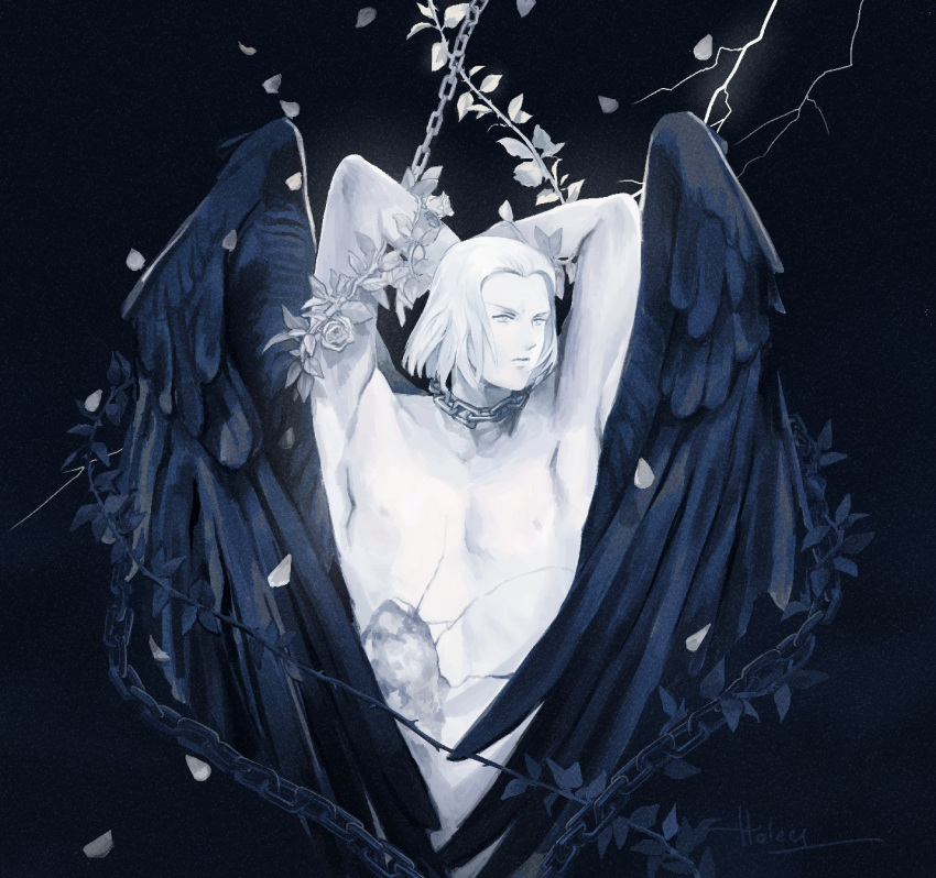 1boy angel_wings arms_behind_head artist_name auguste_beau black_wings chain_around_neck chains cropped_torso dark_background flower highres injury kaze_to_ki_no_uta leaf lightning marble_(stone) marble_sculpture medium_hair nipples rose statue theholeyness thorns topless_male upper_body wings