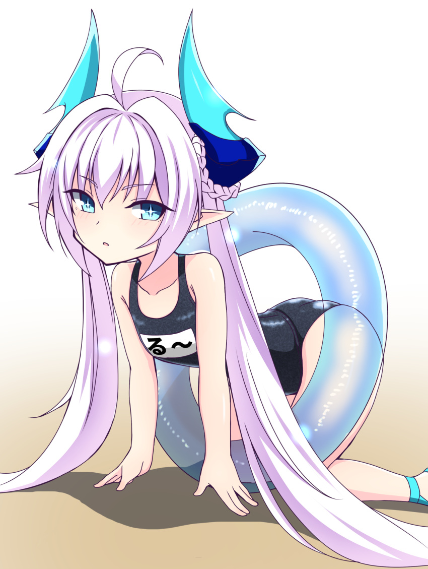 ahoge blue_horns blush braid collarbone commentary demon_girl demon_horns elsword female highres horns luciela_r._sourcream noblesse_(elsword) school_swimsuit swimsuit twintails zetsuei_(zetto)