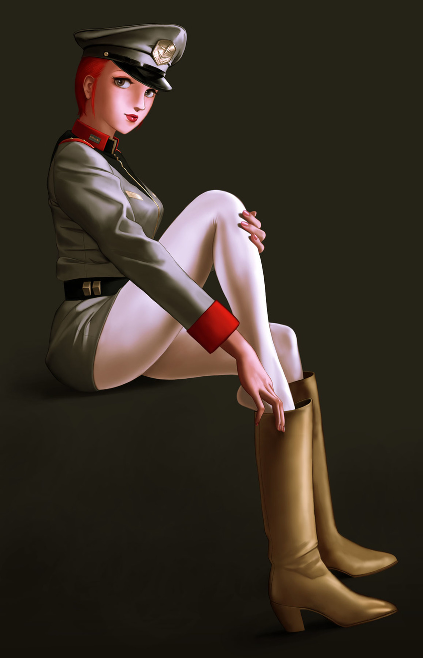 boots brown_eyes female from_side full_body gundam hat highres invisible_chair leg_hold legs lips lipstick makeup matilda_ajan military military_uniform mobile_suit_gundam pantyhose plantar_flexion putting_on_boots putting_on_shoes python_(snake_legs) red_hair short_hair simple_background sitting solo uniform white_pantyhose