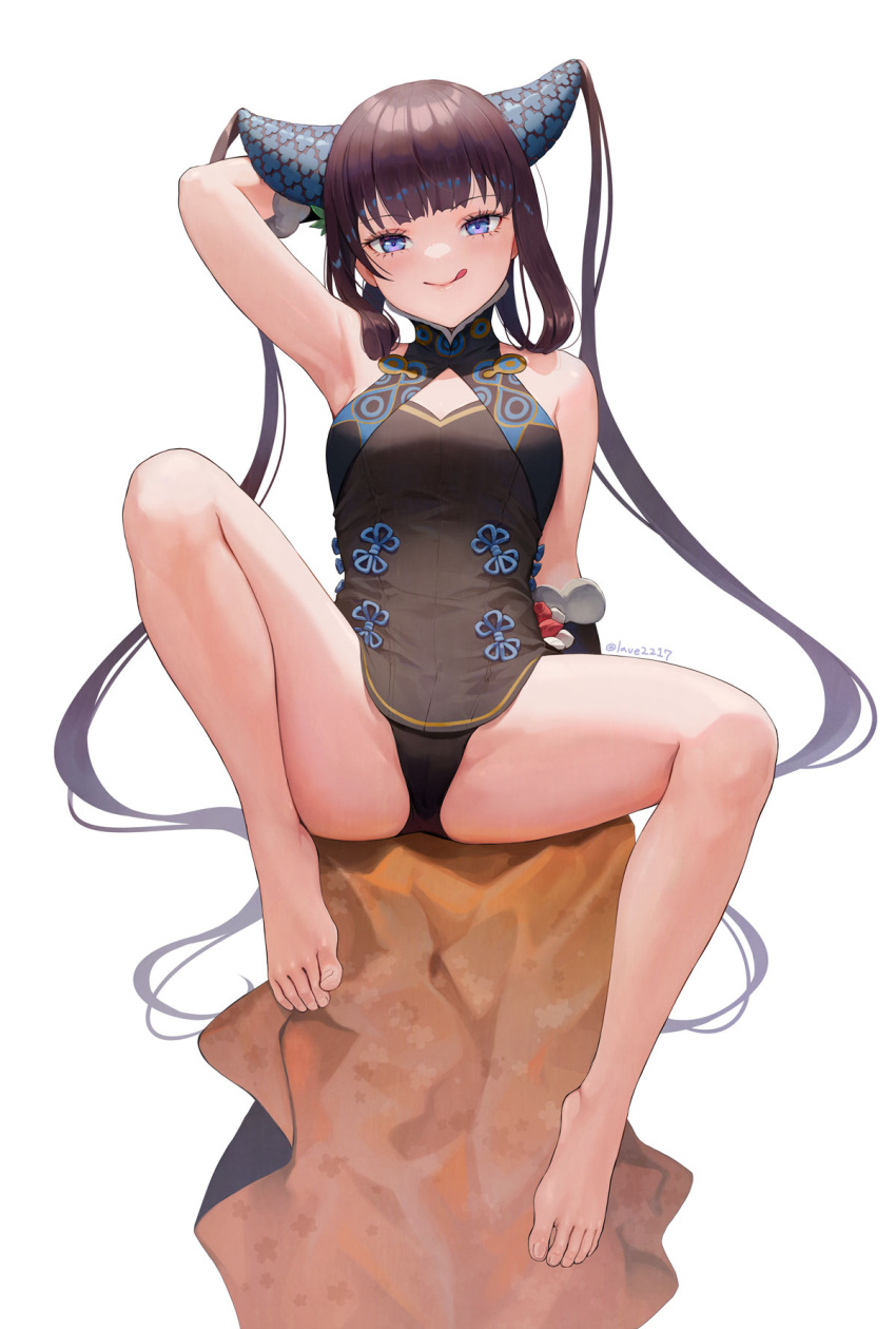 bare_shoulders barefoot black_dress black_hair black_panties blue_eyes blush china_dress chinese_clothes dress fate/grand_order fate_(series) feet female full_body hair_ornament highres leaf_hair_ornament long_hair looking_at_viewer panties purple_hair sidelocks simple_background smile solo spread_legs thighs toes tongue tongue_out twintails underwear very_long_hair white_background y.i._(lave2217) yang_guifei_(fate) yang_guifei_(second_ascension)_(fate)