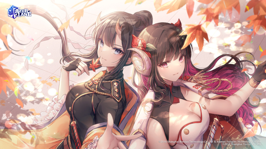 2girls absurdres azur_lane black_gloves black_hair breasts brown_hair buttons closed_mouth coat curled_horns double-breasted fingerless_gloves floating_hair flower gloves hair_flower hair_ornament haori highres horns jacket jacket_on_shoulders japanese_clothes katana large_breasts long_hair long_sleeves looking_at_viewer medium_breasts military military_uniform multiple_girls official_art oni_horns open_clothes open_coat ozzingo ponytail purple_eyes ryuuhou_(azur_lane) second-party_source shirt standing suruga_(azur_lane) sword uniform upper_body weapon white_coat white_shirt wing_collar