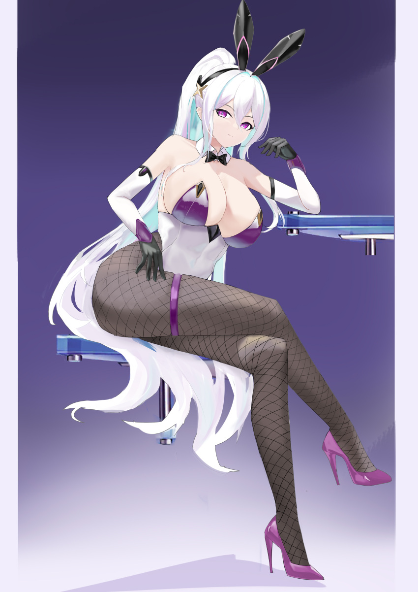 absurdres animal_ears aqua_pupils azur_lane black_gloves breasts cleavage crossed_legs detached_collar elbow_gloves fake_animal_ears female fishnet_pantyhose fishnets full_body gloves high_heels highres kearsarge_(all_night_charge)_(azur_lane) kearsarge_(azur_lane) large_breasts leotard long_hair multicolored_clothes multicolored_gloves multicolored_leotard official_alternate_costume pantyhose playboy_bunny ponytail purple_leotard simple_background sitting strapless strapless_leotard suo_bu_ye_feng thigh_strap two-tone_gloves two-tone_leotard very_long_hair white_gloves white_hair white_leotard