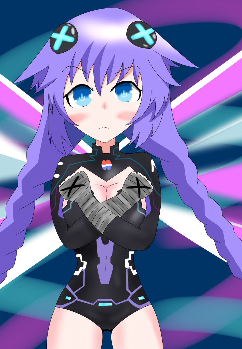 absurdres akadashicarp blue_eyes braid breasts choujigen_game_neptune cleavage cm_punk female hair_between_eyes hair_ornament hand_wraps highres leotard long_hair looking_at_viewer neptune_(series) parody pepsi power_symbol power_symbol-shaped_pupils purple_hair purple_heart_(neptunia) solo symbol-shaped_pupils thighhighs twin_braids twintails wwe