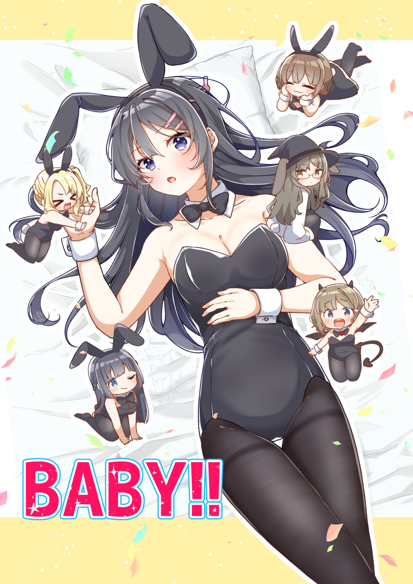 >_< 6+girls :d :o ;) absurdres animal_ears azusagawa_kaede bare_shoulders bed_sheet black_bow black_bowtie black_dress black_hair black_hairband black_headwear black_leotard black_pantyhose black_wings blonde_hair blue_eyes blush bow bowtie breasts brown_eyes brown_hair chibi closed_eyes collar collarbone commentary_request confetti demon_girl demon_horns demon_tail demon_wings detached_collar dress fake_animal_ears futaba_rio glasses hair_between_eyes hair_ornament hairband hairclip hat highres horns jako_(jakoo21) koga_tomoe lab_coat leotard long_hair lying makinohara_shouko medium_breasts mini_person minigirl multiple_girls on_back on_stomach one_eye_closed outline pantyhose pillow playboy_bunny rabbit_ears rabbit_tail sakurajima_mai seishun_buta_yarou side_ponytail smile strapless strapless_leotard tail thigh_gap thighband_pantyhose toyohama_nodoka very_long_hair white_collar white_outline wings witch_hat wrist_cuffs xd