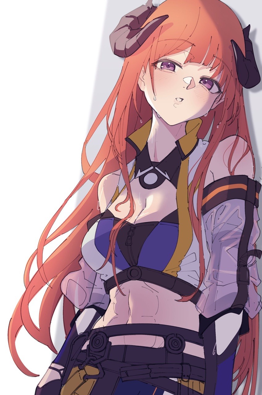 abs arknights bagpipe_(arknights) bagpipe_(queen_no._1)_(arknights) breasts cleavage female highres horns kisaragi_chiyuki light_blush looking_at_viewer medium_breasts midriff navel parted_lips purple_eyes race_queen red_hair simple_background solo sweat white_background