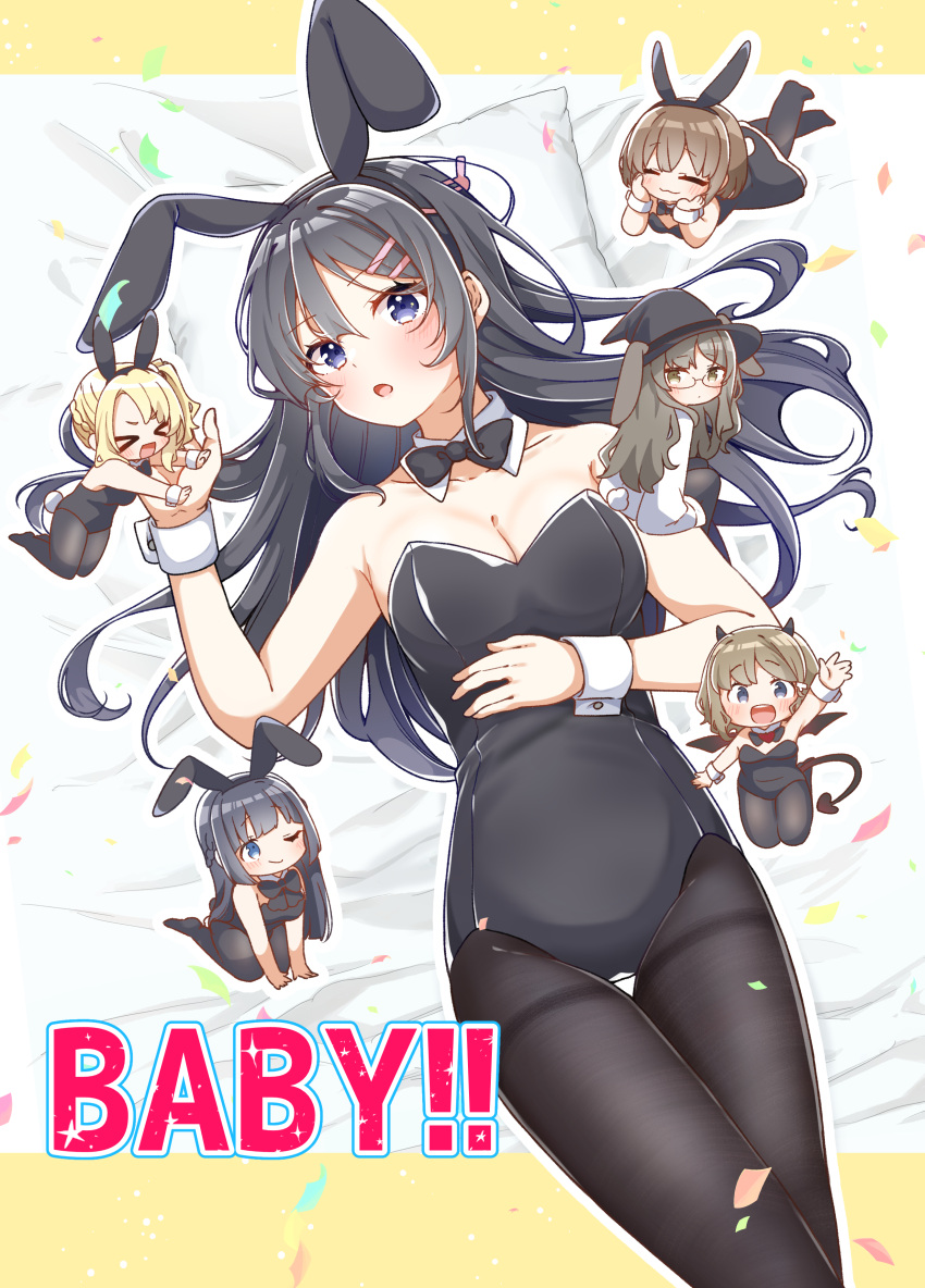 >_< 6+girls :d :o ;) absurdres animal_ears azusagawa_kaede bare_shoulders bed_sheet black_bow black_bowtie black_dress black_hair black_hairband black_headwear black_leotard black_pantyhose black_wings blonde_hair blue_eyes blush bow bowtie breasts brown_eyes brown_hair chibi closed_eyes collar collarbone commentary_request confetti demon_girl demon_horns demon_tail demon_wings detached_collar dress fake_animal_ears futaba_rio glasses hair_between_eyes hair_ornament hairband hairclip hat highres horns jako_(jakoo21) koga_tomoe lab_coat leotard long_hair lying makinohara_shouko medium_breasts mini_person minigirl multiple_girls on_back on_stomach one_eye_closed outline pantyhose pillow playboy_bunny rabbit_ears rabbit_tail sakurajima_mai seishun_buta_yarou side_ponytail smile strapless strapless_leotard tail thigh_gap thighband_pantyhose toyohama_nodoka very_long_hair white_collar white_outline wings witch_hat wrist_cuffs xd