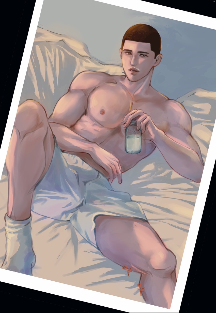 1boy bara black_eyes black_hair bottle boxer buzz_cut feet_out_of_frame fukatsu_kazunari highres holding holding_bottle leaning_back light_smile looking_at_viewer male_focus male_underwear milk_bottle milk_mustache muscular muscular_male nipples parted_lips pectorals short_hair sitting slam_dunk_(series) socks solo spread_legs underwear underwear_only very_short_hair white_male_underwear white_socks ximenxiaofei