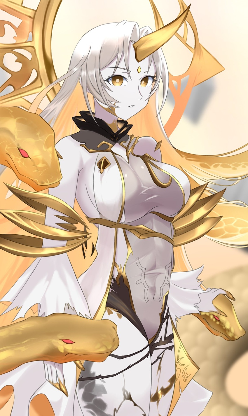 bare_shoulders blonde_hair bodysuit breasts clothing_cutout commentary covered_navel cowboy_shot female fire_emblem fire_emblem_heroes forehead_jewel gold_horns gold_trim gradient_clothes grey_bodysuit grey_hair gullveig_(fire_emblem) highres horns large_breasts long_hair long_sleeves multicolored_hair ondur pale_skin simple_background single_horn snake snake_hair solo thigh_cutout thighs two-tone_hair very_long_hair yellow_eyes yellow_horns