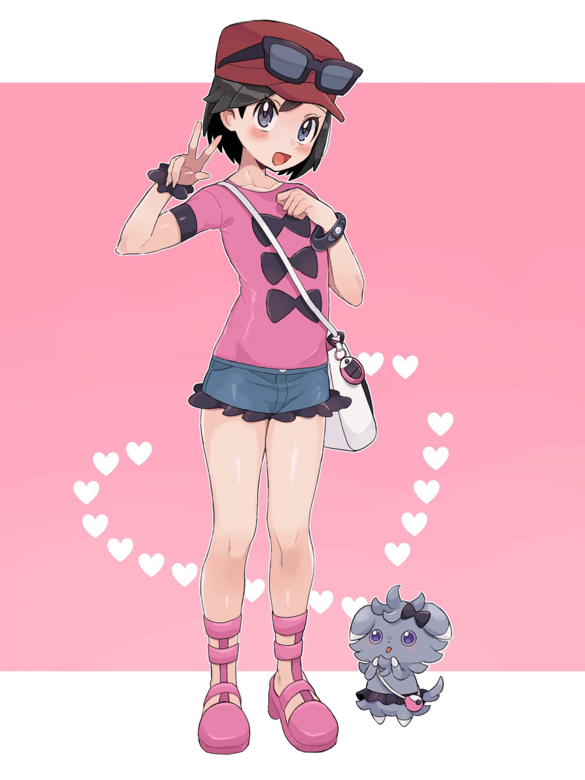 1boy :d black_hair blush bracelet calem_(pokemon) commentary_request cosplay crossdressing espurr eyelashes eyewear_on_headwear female grey_eyes hands_up happy hat heart highres jewelry knees male_focus open_mouth otoko_no_ko pink_background pink_footwear pink_shirt pokemon pokemon_xy red_headwear sana_(37pisana) scrunchie shauna_(pokemon) shauna_(pokemon)_(cosplay) shiny_skin shirt shoes short_hair short_shorts short_sleeves shorts smile sunglasses t-shirt tongue wrist_scrunchie