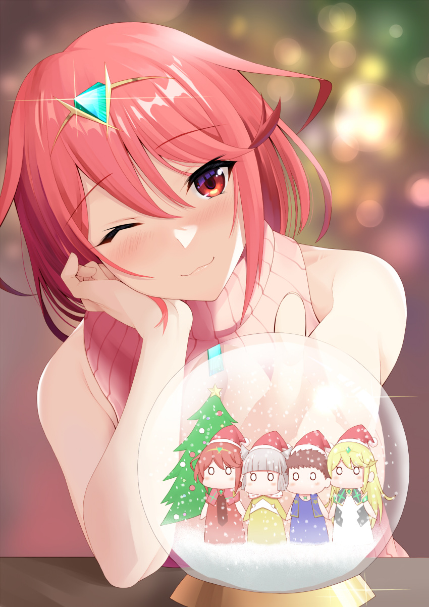 ;) alternate_costume bare_shoulders blush bob_cut christmas christmas_tree core_crystal_(xenoblade) daive elbow_on_table female hat highres looking_at_viewer mythra_(xenoblade) nia_(xenoblade) one_eye_closed pyra_(xenoblade) red_eyes red_hair rex_(xenoblade) ribbed_sweater santa_hat short_hair sleeveless sleeveless_sweater smile snow_globe sweater swept_bangs tiara turtleneck turtleneck_sweater xenoblade_chronicles_(series) xenoblade_chronicles_2