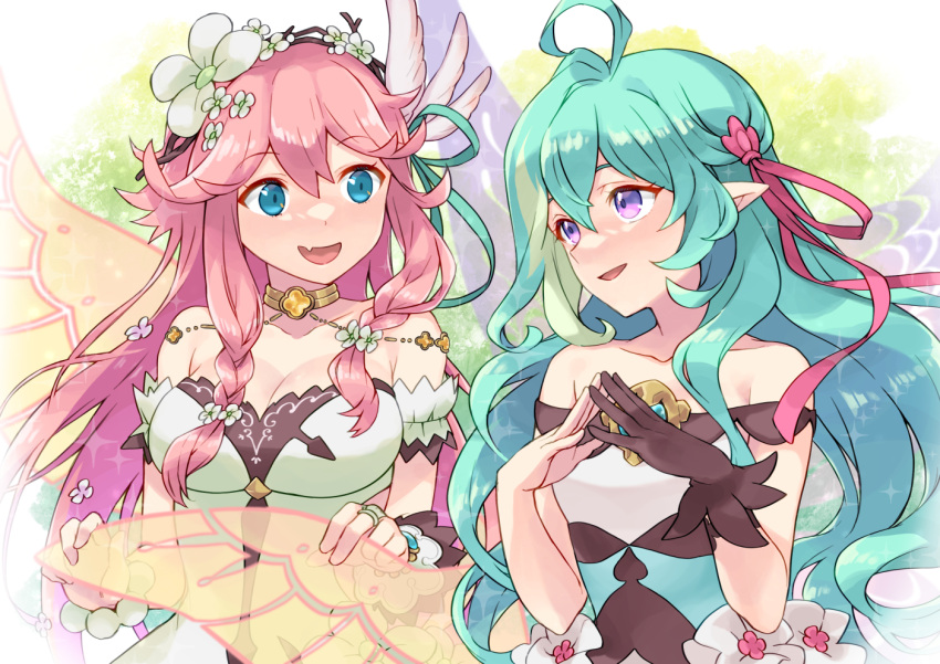 2girls ahoge aqua_eyes bare_shoulders braided_sidelock breasts brooch cleavage dragalia_lost ekra fairy fairy_wings flower gloves green_hair hair_flower hair_ornament jewelry large_breasts long_hair looking_at_another meene_(dragalia_lost) multiple_girls notte_(dragalia_lost) oerba_yun_fang own_hands_together pink_hair single_glove skin_fang small_breasts upper_body very_long_hair wings