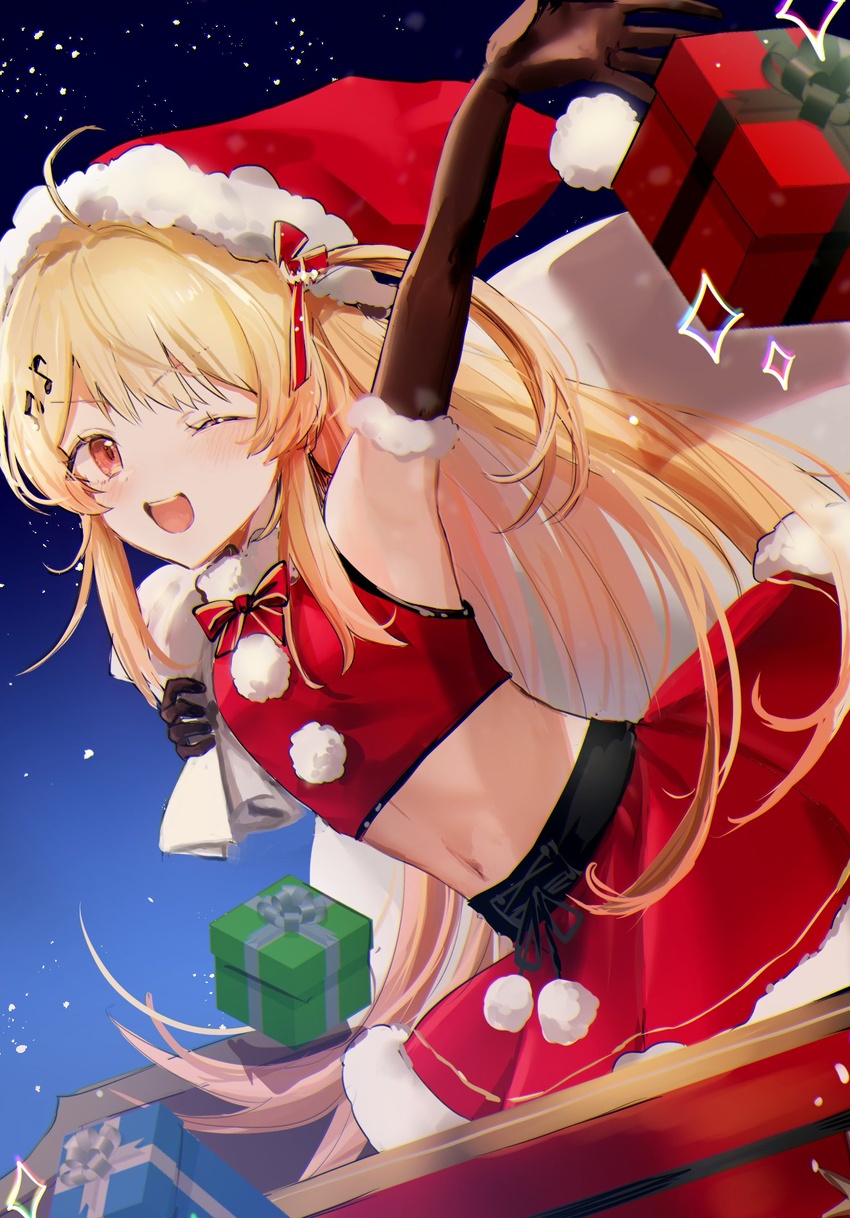 ahoge akebisousaku black_gloves blonde_hair blush bow box elbow_gloves female fur-trimmed_gloves fur-trimmed_headwear fur-trimmed_skirt fur_trim gift gift_box gloves hair_ornament hair_ribbon hat highres holding holding_sack hololive hololive_dev_is long_hair looking_at_viewer musical_note musical_note_hair_ornament navel one_eye_closed one_side_up open_mouth otonose_kanade pom_pom_(clothes) red_eyes red_hat red_ribbon red_shirt red_skirt ribbon sack santa_costume santa_hat shirt skirt sky smile solo star_(sky) starry_sky teeth upper_teeth_only virtual_youtuber