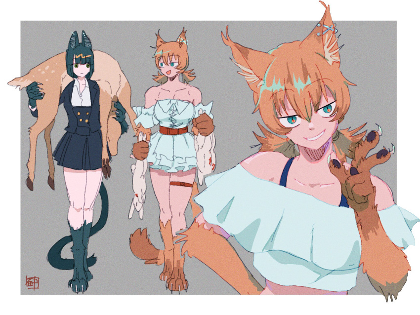 2girls :d animal animal_ear_fluff animal_ears animal_feet animal_hands bare_shoulders belt black_hair black_jacket black_skirt blue_eyes bob_cut carrying cat_ears cat_girl cat_tail check_copyright copyright_request crop_top dead_animal deer detached_sleeves dress ear_piercing fireman's_carry frills frown grey_background halterneck hand_up hands_up high-waist_skirt highres holding holding_animal jacket long_sleeves looking_at_another looking_at_viewer looking_to_the_side low_twintails miniskirt monster_girl multiple_girls off-shoulder_shirt off_shoulder orange_hair original outside_border piercing prussiancatdog shirt short_dress short_hair short_sleeves skindentation skirt slit_pupils smile smirk tail thigh_belt thigh_strap toned twintails upper_body w white_dress white_shirt