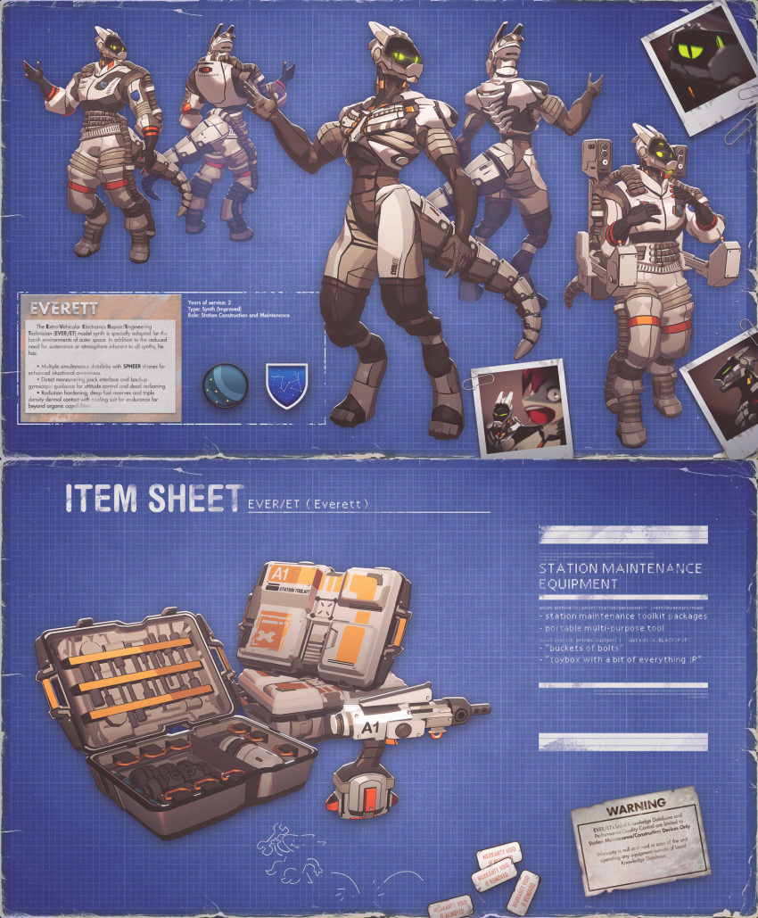 3d_(artwork) anthro biography digital_media_(artwork) digitigrade english_text everett_(spyglass8) front_view hi_res jet_pack machine male mechanical_tail model_sheet multicolored_body multiple_poses pose power_tool protective_gear rear_view robot screen_eyes solo synth_(vader-san) text toolbox tools two_tone_body zeusdex