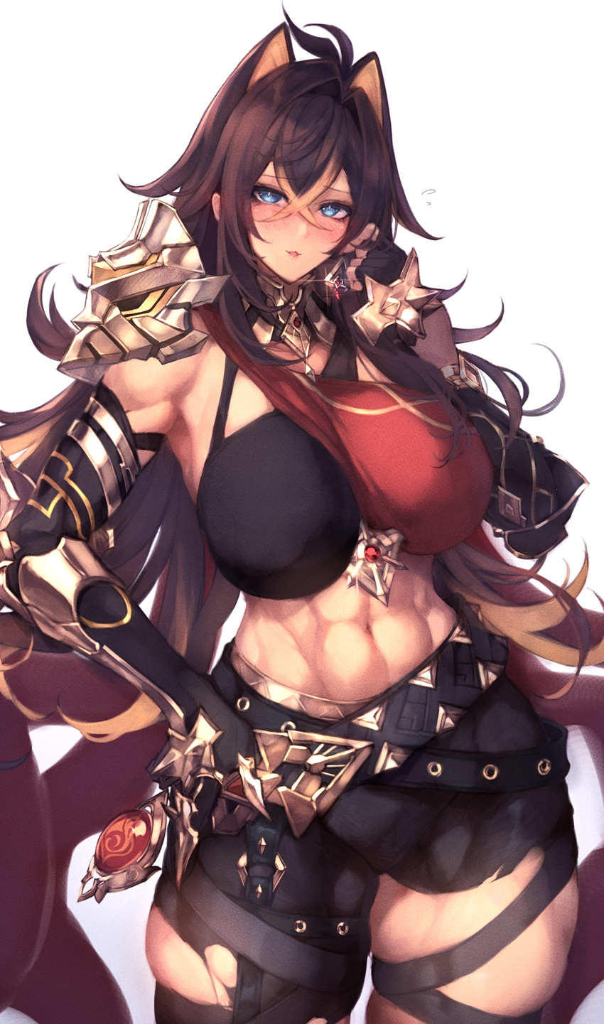 :3 abs absurdres alna_(mu5fal) arm_armor asymmetrical_clothes belt between_breasts black_belt black_gloves black_hair black_pants blonde_hair blue_eyes blush breasts claw_ring criss-cross_halter crossed_bangs crossed_belts dangle_earrings dark-skinned_female dark_skin dehya_(genshin_impact) earrings elbow_gloves female finger_to_own_chin fingerless_gloves flying_sweatdrops genshin_impact gloves gold_choker hair_between_eyes hair_ears hair_intakes halterneck hand_on_own_hip highres jewelry large_breasts long_hair looking_at_viewer multicolored_hair multiple_thigh_straps muscular muscular_female nail_polish navel pants parted_lips red_nails single_earring single_fingerless_glove single_pantsleg skindentation smile solo spiked_knuckles streaked_hair thick_thighs thigh_strap thighs torn_clothes torn_pants two-tone_hair very_long_hair vision_(genshin_impact) yellow_pupils